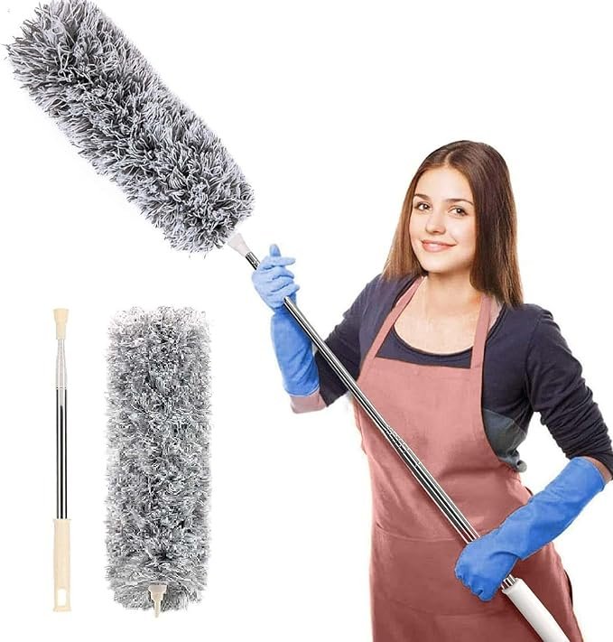 Microfiber Feather Duster Bendable & Extendable Fan Cleaning Duster with 100 inches Expandable Pole Handle Washable Duster