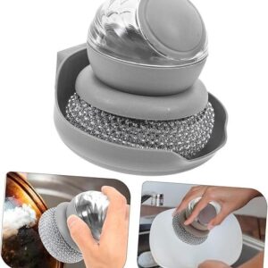 Dish Brush with Soap Dispenser, Steel Ball Pot Scrubber with Replaceable Head for Kitchen Cleaning