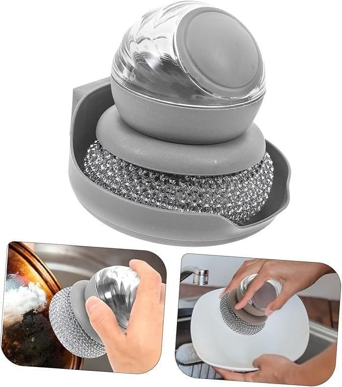 Dish Brush with Soap Dispenser, Steel Ball Pot Scrubber with Replaceable Head for Kitchen Cleaning