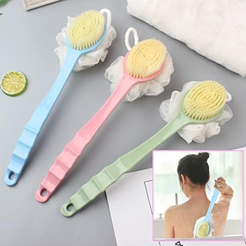 2 IN 1 Back Body Bath Brush with Bristles and Loofah Back Scrubber with Curved Long Handled for Skin Exfoliating Bath, Massage Bristles Suitable for Wet or Dry, Men and Women(Multicolor)