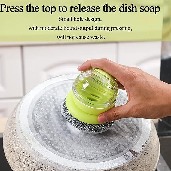 Dish Brush with Soap Dispenser, Steel Ball Pot Scrubber with Replaceable Head for Kitchen Cleaning - Image 3