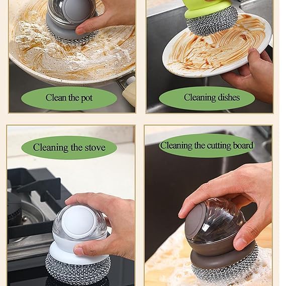 Dish Brush with Soap Dispenser, Steel Ball Pot Scrubber with Replaceable Head for Kitchen Cleaning - Image 2