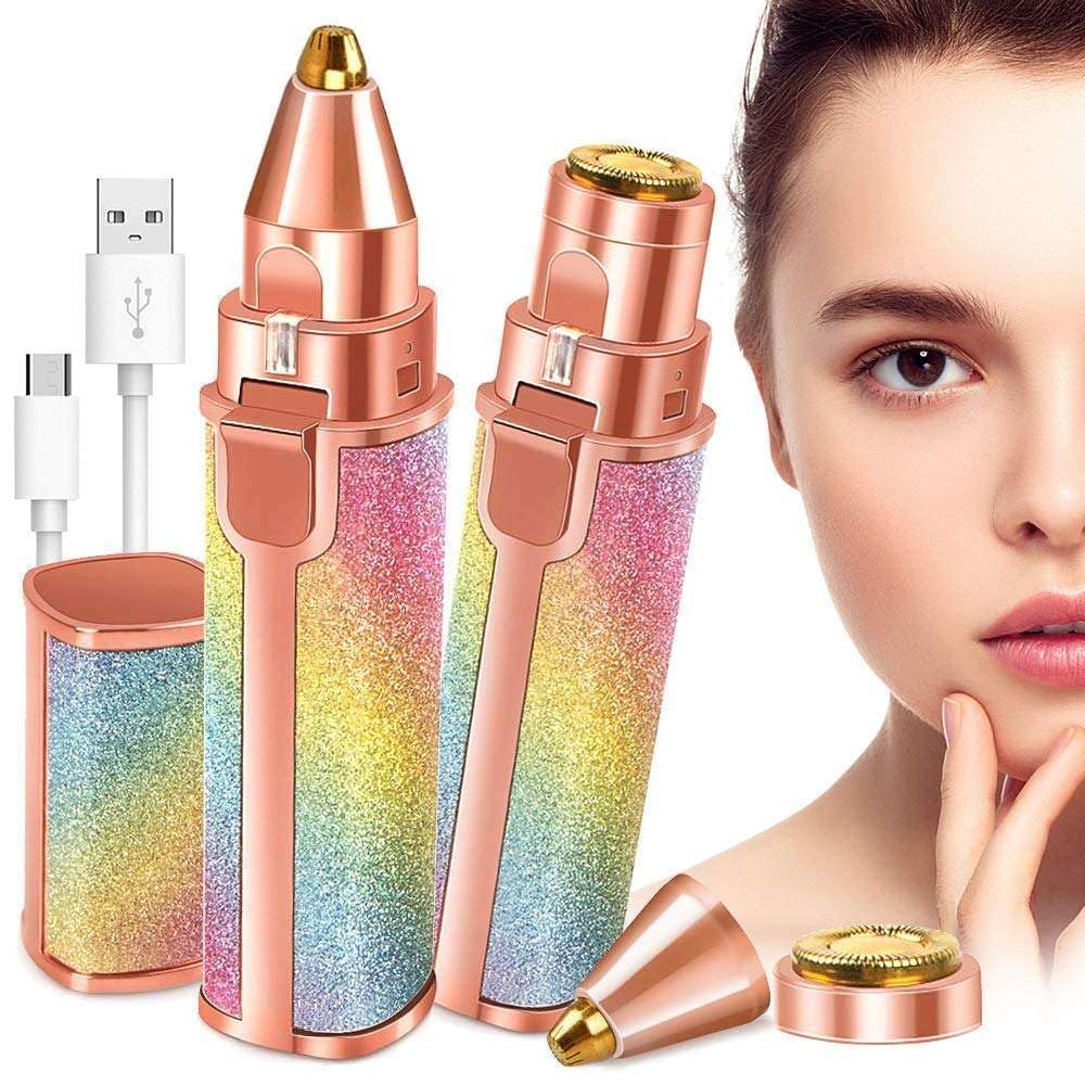 2 in 1 Eyebrow Shaper Rainbow Portable Electric Trimmer epilator-Women-Heads & Light. Perfect Painless Shaver Device-Face, Lips, Facial & Nose Hair Removal Razor (Rechargeable & USB Charging)