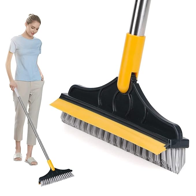 Floor Scrub Brush with Squeegee, 45.3-55.9" Extendable Handle, 11.8" Wide Head, for Tiles, Hardwood, Patio, Yellow (2 in 1 Brush)