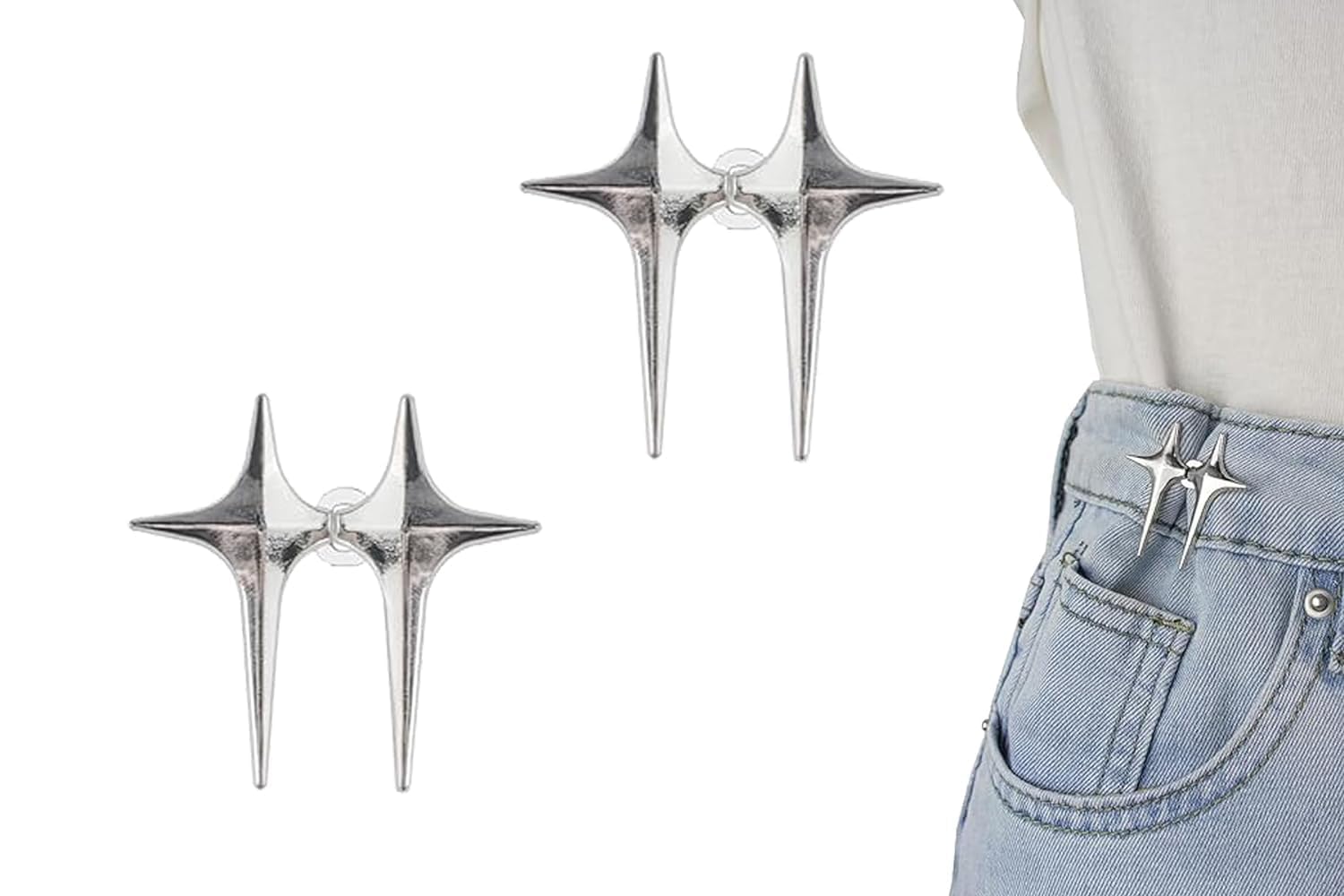 2 Pairs Silver Star Adjustable Waist Buttons – Durable No-Sew Removable Jean Button Pins, Reusable Pants Waist Buckle Extenders & Tightener Clips for Loose Jeans, Skirts, Trousers & Dresses