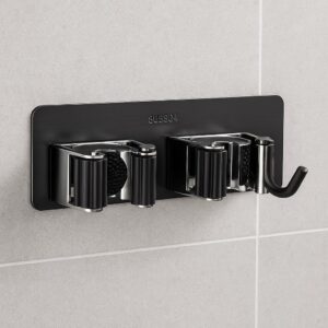 2 Pcs Broom Holder Wall Mounted – No Drill Mop Organizer, Heavy Duty Wall Hanger for Brooms, Mops & Cleaning Tools – Ideal for Kitchen, Laundry Room, Bathroom & Garage Storage (Black)