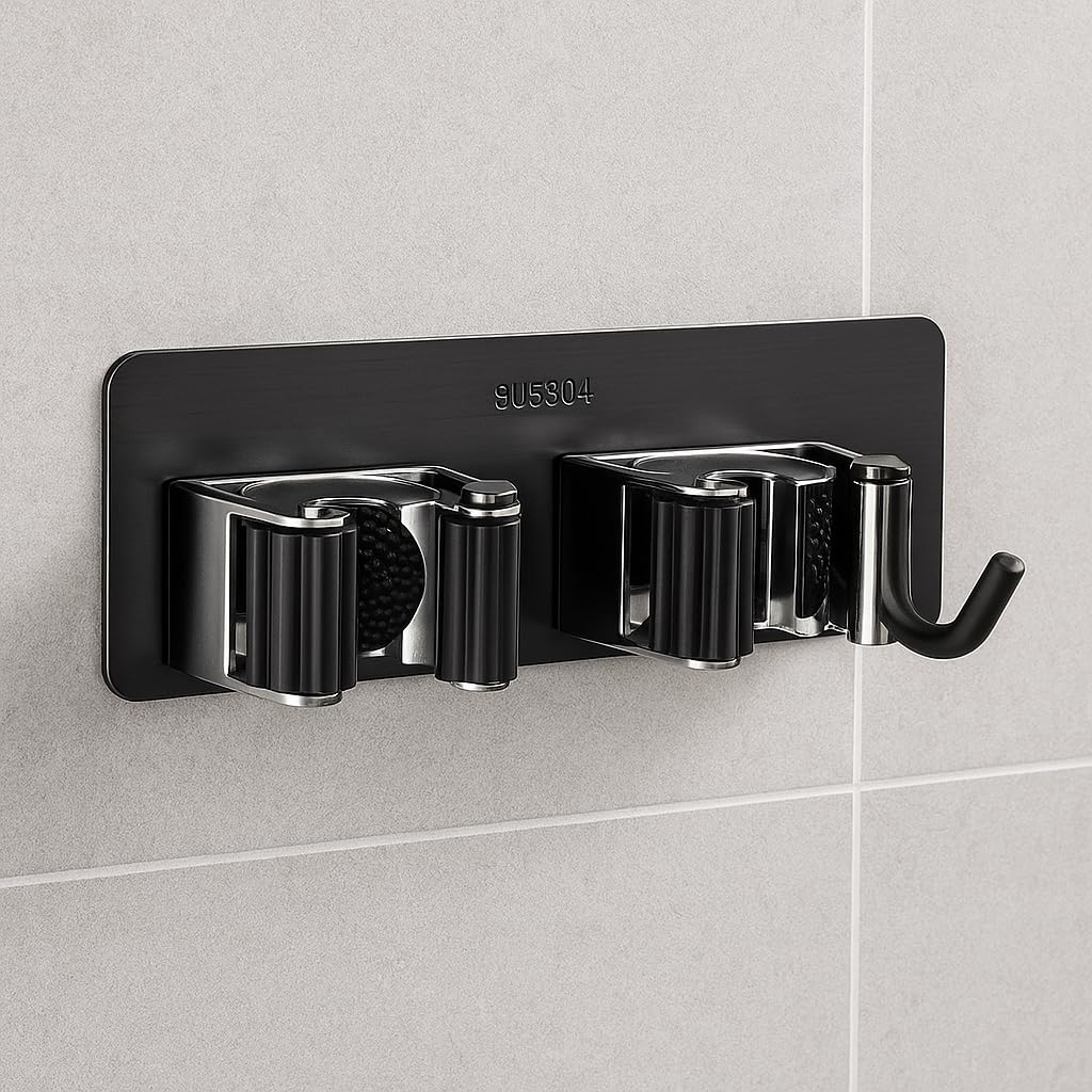 2 Pcs Broom Holder Wall Mounted – No Drill Mop Organizer, Heavy Duty Wall Hanger for Brooms, Mops & Cleaning Tools – Ideal for Kitchen, Laundry Room, Bathroom & Garage Storage (Black)