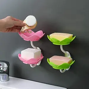 Soap Dish Holder | 2 Layer Self Adhesive Soap Stand with Magic Sticker | Flower Design Wall Hanging Soap Storage Rack | Wall Mounted Sponge Holder for Kitchen Bathroom | Multicolor