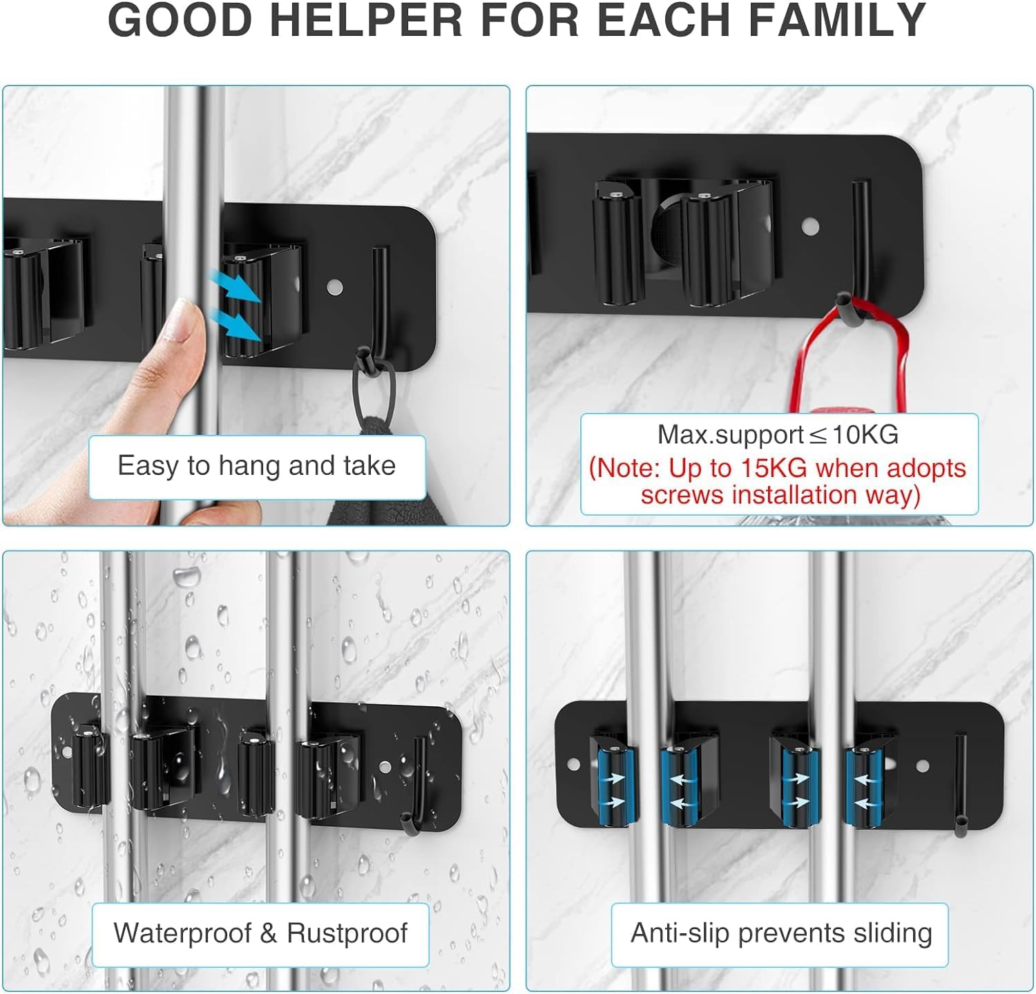 2 Pcs Broom Holder Wall Mounted – No Drill Mop Organizer, Heavy Duty Wall Hanger for Brooms, Mops & Cleaning Tools – Ideal for Kitchen, Laundry Room, Bathroom & Garage Storage (Black) - Image 3