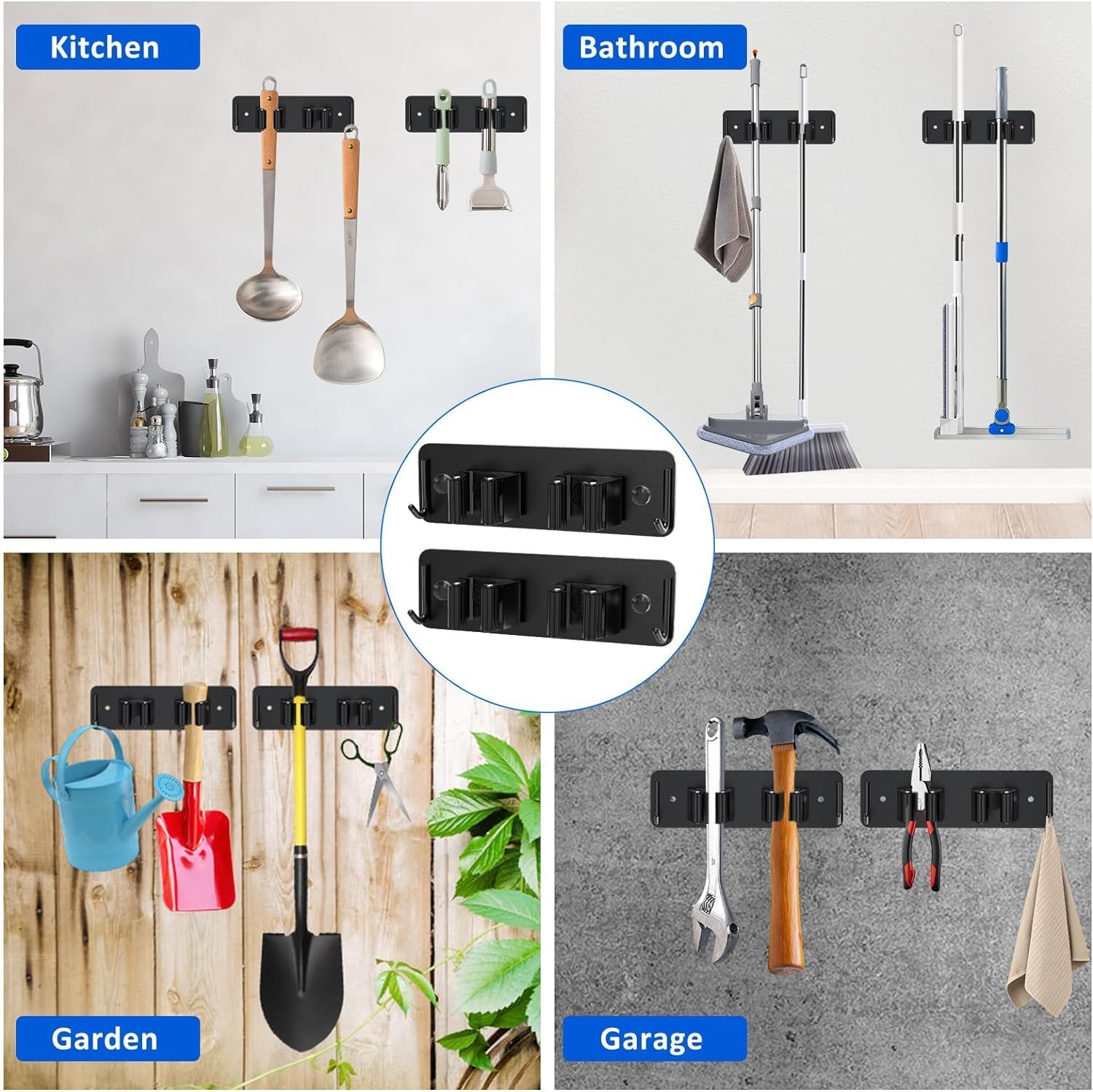 2 Pcs Broom Holder Wall Mounted – No Drill Mop Organizer, Heavy Duty Wall Hanger for Brooms, Mops & Cleaning Tools – Ideal for Kitchen, Laundry Room, Bathroom & Garage Storage (Black) - Image 4